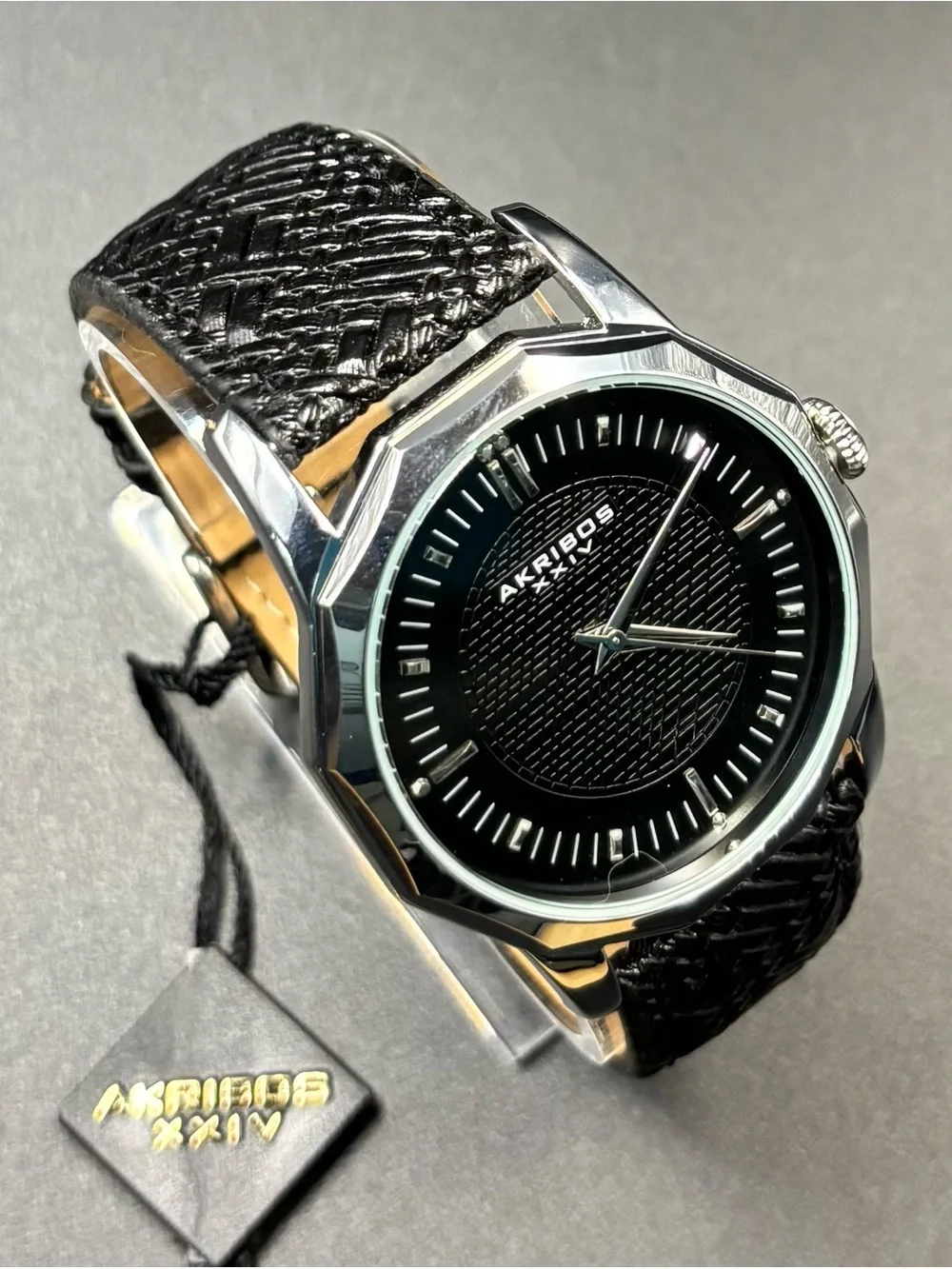 Akribos XXIV Men's BlK Dodecagon Bezel BlK Dial BlK Leather Strap 41mm-AK825SSB